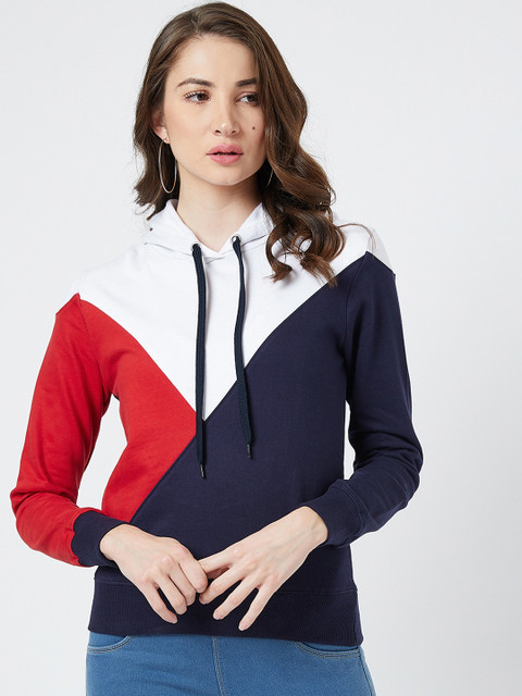 

The Dry State Women White & Navy Blue Colourblocked Hooded Sweatshirt