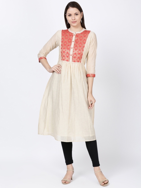

Soch Women Beige & Peach-Coloured Yoke Design Chanderi Silk Flared A-Line Kurta