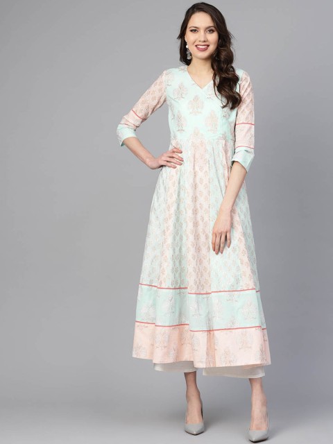 

Indo Era Women Pink & Blue Printed A-Line Kurta