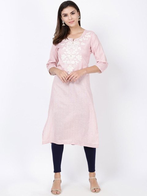 

Soch Women Pink & White Embroidered Straight Kurta