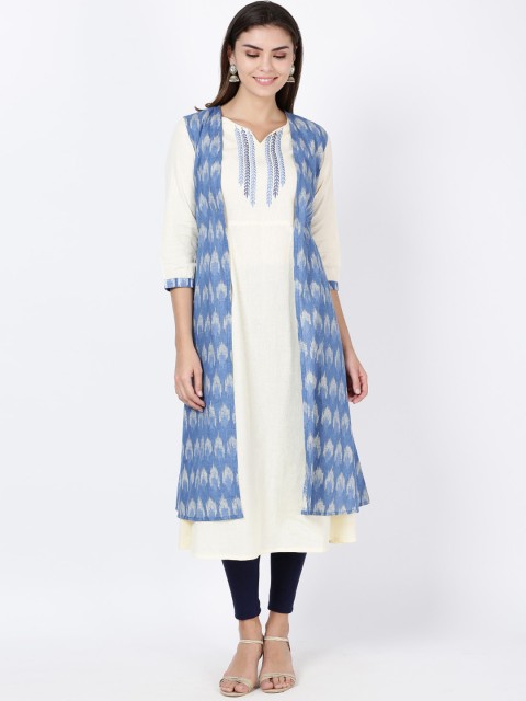

Soch Women Blue & Cream-Coloured Embroidered A-Line Kurta with a Shrug
