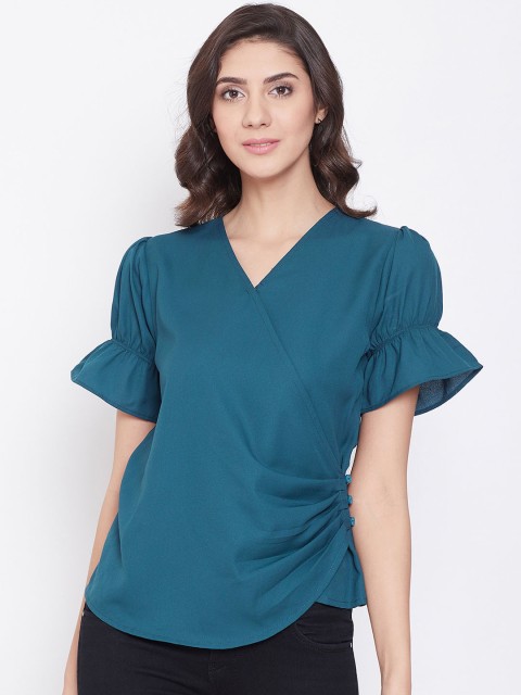 

Imfashini Women Teal Blue Solid Wrap Top