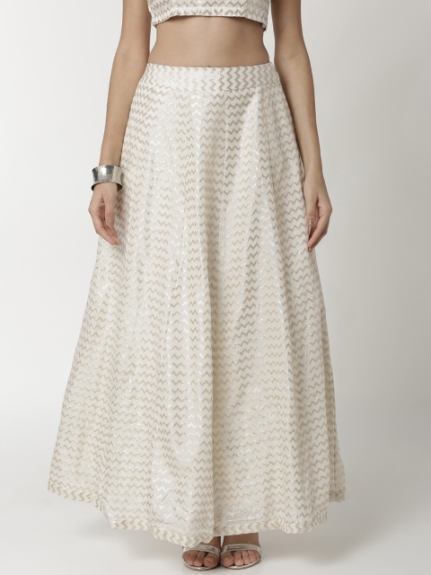 

De Moza Women Off-White & Silver-Toned Self-Design Flared Jacquard Maxi Skirt