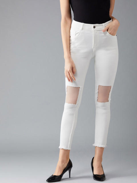 

DOLCE CRUDO Women White Skinny Fit High-Rise Highly Distressed Stretchable Crop Jeans