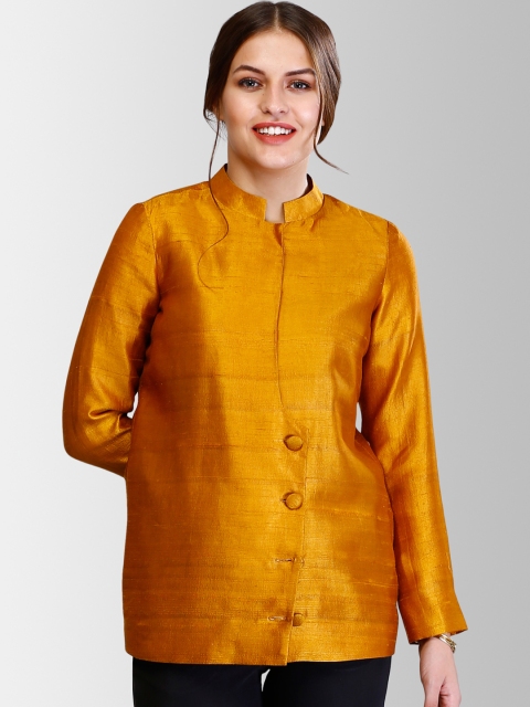 FableStreet Women Mustard Yellow Solid Raw Silk Tailored Jacket
