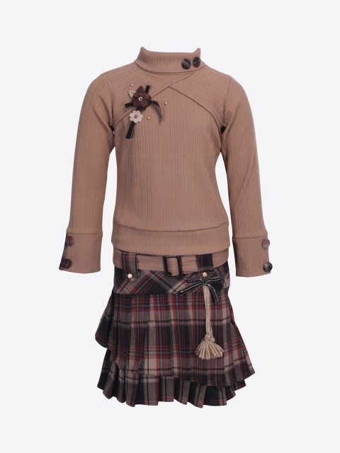 

CUTECUMBER Girls Brown & Red Solid Top with Skirt