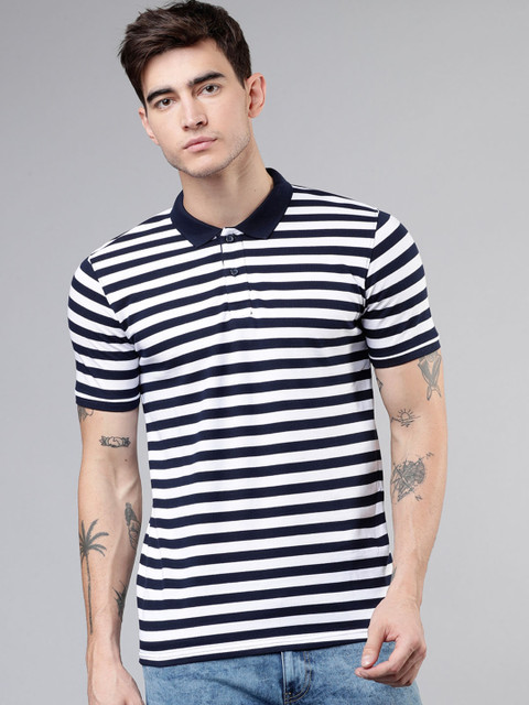 

Ecko Unltd Men Navy Blue Striped Polo Collar T-shirt