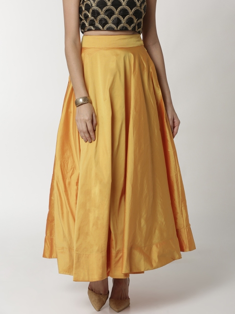 

De Moza Women Mustard Yellow Solid Flared Jacquard Maxi Skirt