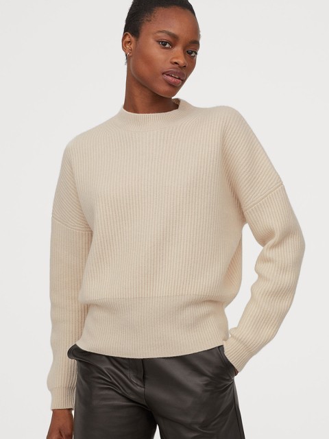

H&M Women Cream-Coloured Rib-Knit Cashmere Jumper