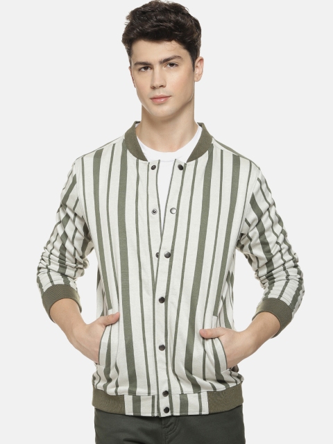 

Campus Sutra Men Olive Green Striped Bomber Jacket, Cream