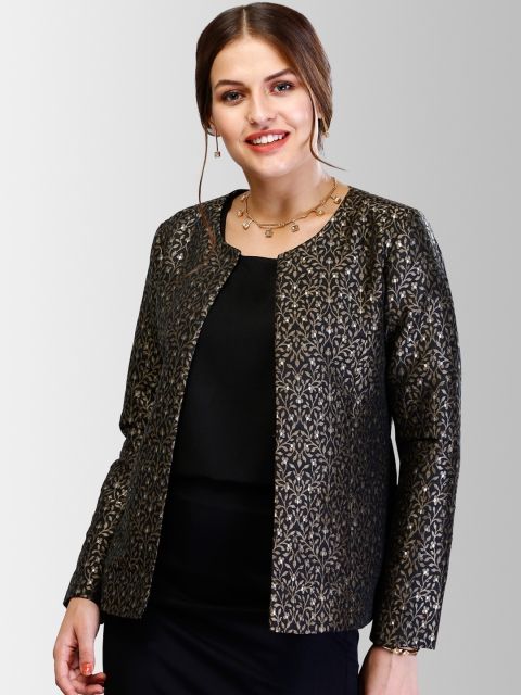 

FableStreet Women Black & Gold-Toned Self Design Brocade Silk Open Front Jacket
