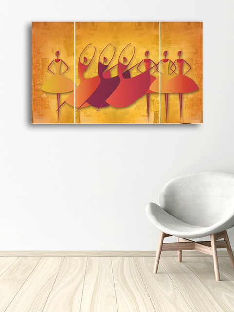 

eCraftIndia Set of 3 Yellow & Red Abstract Dancing Lady Premium Canvas Painting