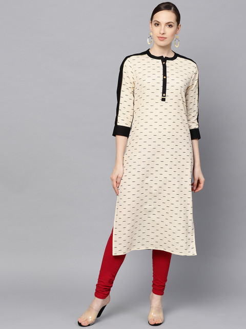 

Varanga Women Cream-Coloured & Black Printed Straight Kurta