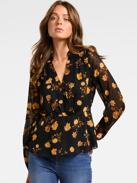 

Forever New Women Black & Yellow Printed Cinched Waist Top