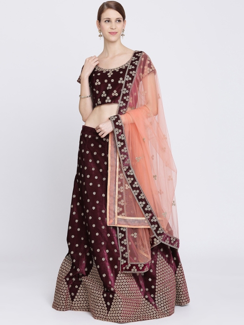 

Koskii Burgundy & Peach-Coloured Embellished Ready to Wear Lehenga & Unstitched Blouse with Dupatta