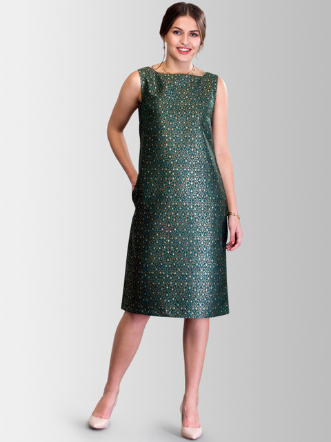 

FableStreet Women Green Self Design Brocade Silk Sheath Dress