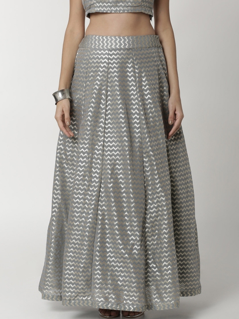 

De Moza Women Grey & Silver-Toned Self-Design Flared Jacquard Maxi Skirt