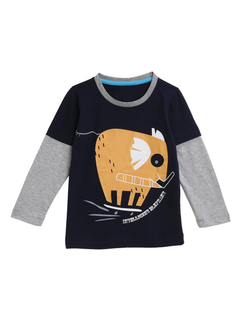 

KIDSCRAFT Boys Navy Blue & Grey Melange Printed Round Neck T-shirt