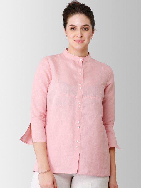 

FableStreet Women Pink Regular Fit Solid Linen Formal Shirt