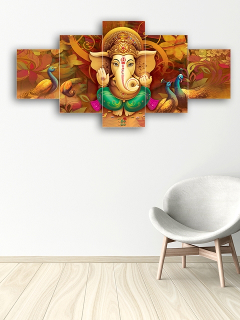 

eCraftIndia Set of 5 Green & Brown Lord Ganesha Premium Canvas Painting