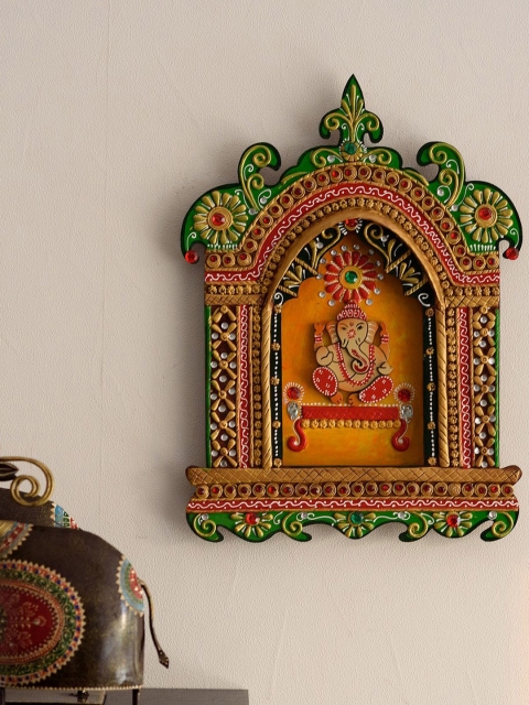 

eCraftIndia Green, Yellow and Red Lord Ganesha Paper-Mache Wooden Wall Hanging Showpiece