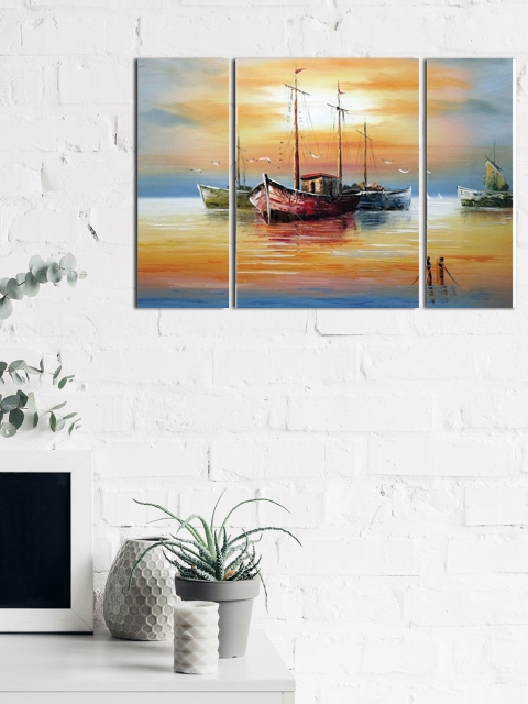 

eCraftIndia Set of 3 Multicoloured Beautiful Boats in Sea Premium Canvas Sunboard Painting, Yellow