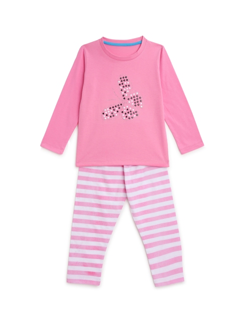 

KIDSCRAFT Girls Pink & White Printed Night Suit