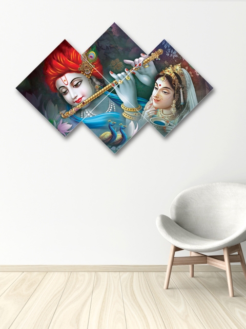 

eCraftIndia Set of 4 Blue & Red Radha Krishna Premium Canvas Painting, Multi