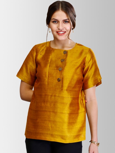 

FableStreet Women Mustard Yellow Solid Pure Raw Silk A-Line Top