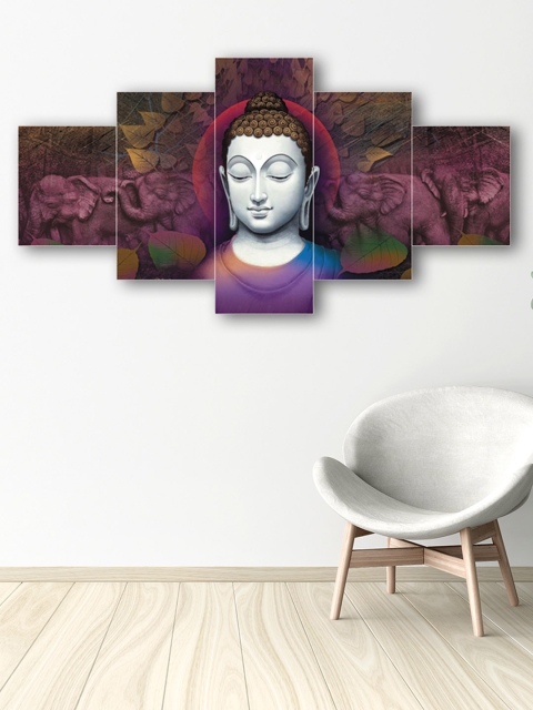 

eCraftIndia Set of 5 Brown & Purple Lord Buddha Premium Canvas Painting, Peach