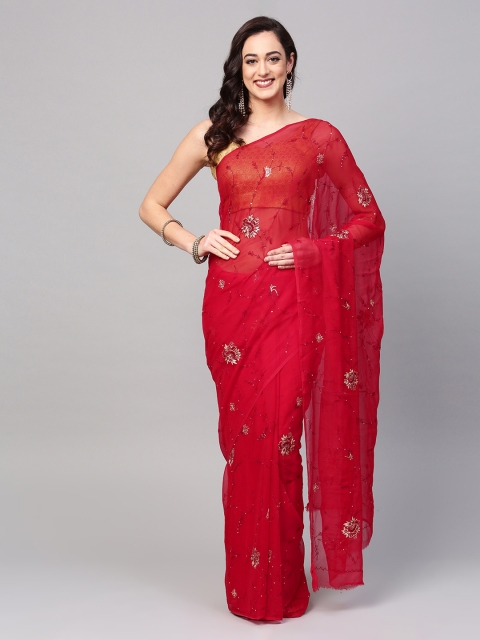 

Mitera Red Aari Embroidered Pure Chiffon Sustainable Saree
