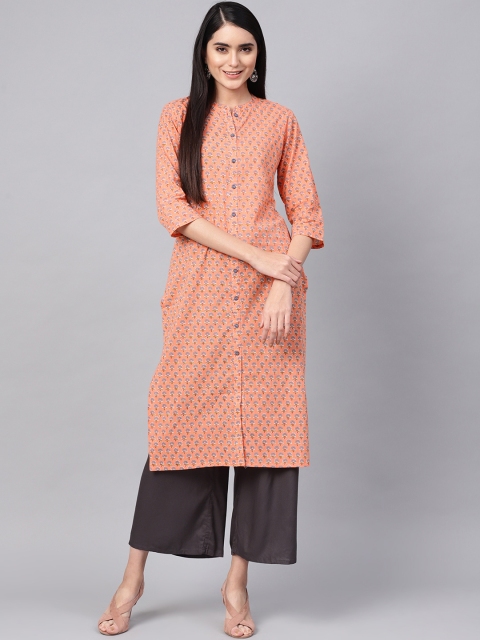 

Varanga Women Peach-Coloured & Lavender Printed Straight Kurta