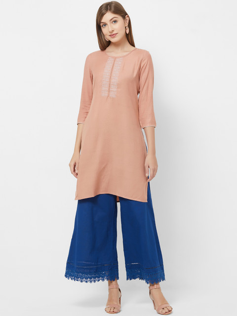 

Fusion Beats Women Peach-Coloured & White Yoke Design Straight Kurta