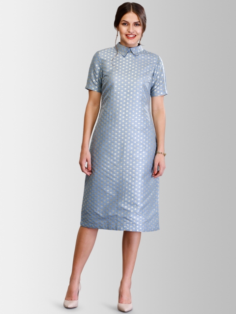 

FableStreet Women Blue Self Design Brocade Silk Shirt Dress