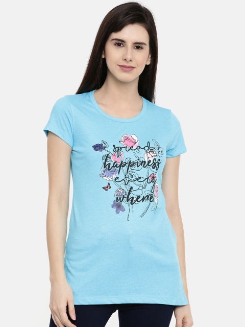 

Bitz Women Blue Printed Round Neck Longline T-shirt