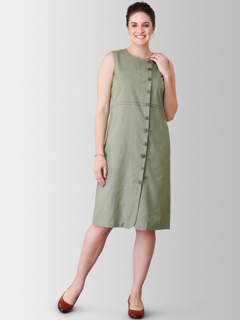

FableStreet Women Green Solid Linen Sheath Dress