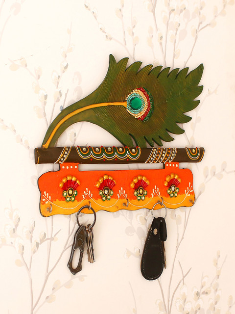 

eCraftIndia Yellow & Orange Papier-Mache Mor Pankhi Key Holder