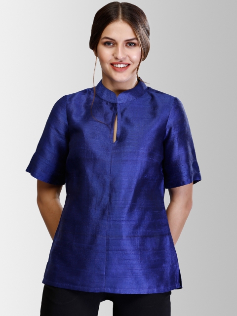 

FableStreet Women Blue Solid Pure Raw Silk A-Line Top