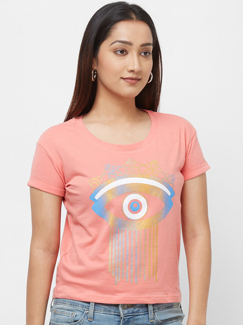 

Imagica Women Coral Pink Printed Round Neck T-shirt