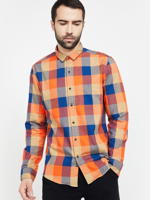 

Bossini Men Orange & Navy Blue Checked Slim Fit Casual Shirt