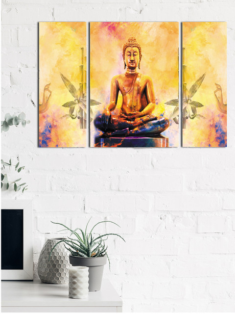 

eCraftIndia Set of 3 Multicoloured Meditating Buddha Premium Canvas Sunboard Painting, Multi