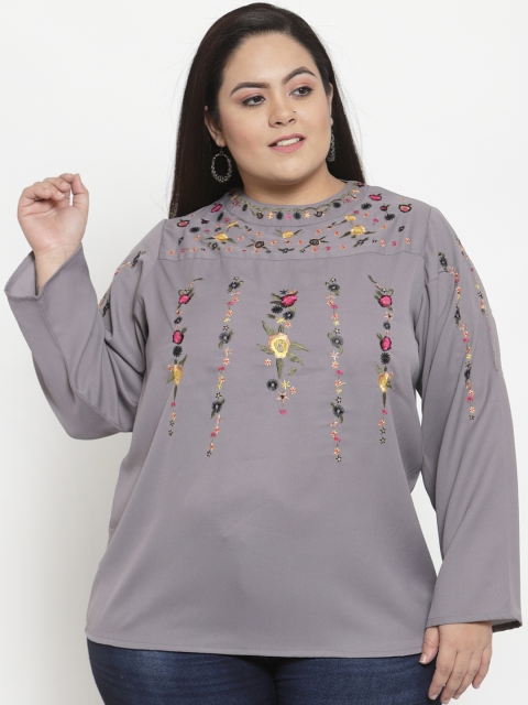 

plusS Women Grey Embroidered Longline A-Line Top