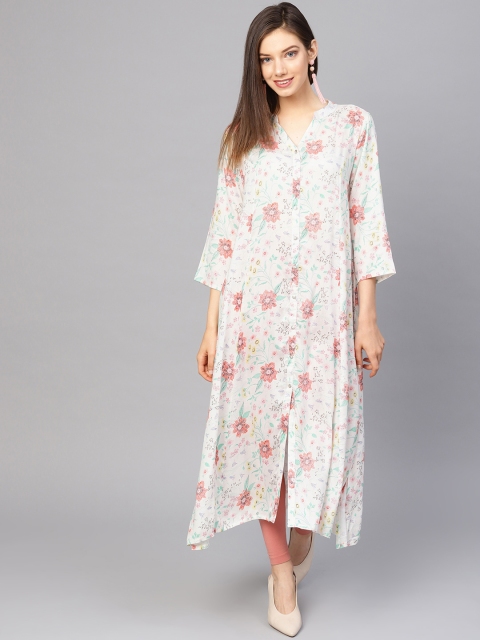 

Varanga Women White & Green Printed A-Line Kurta
