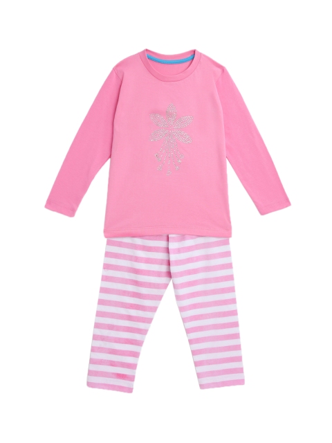 

KIDSCRAFT Girls Pink & White Solid Night Suit