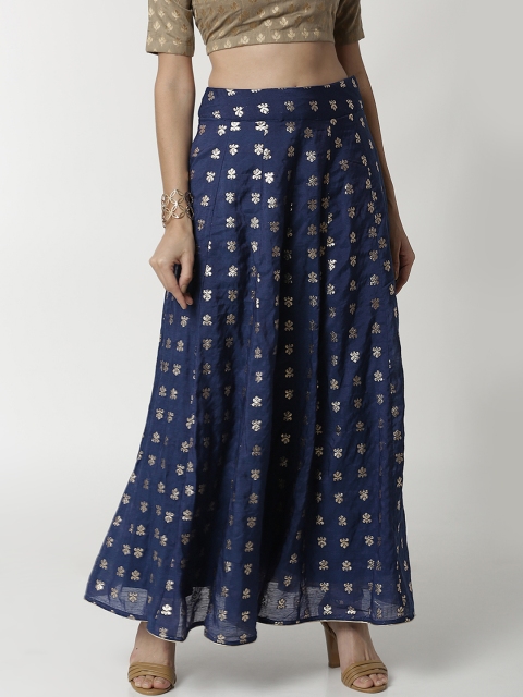 

De Moza Women Navy Blue & Gold-Toned Printed Flared Jacquard Maxi Skirt