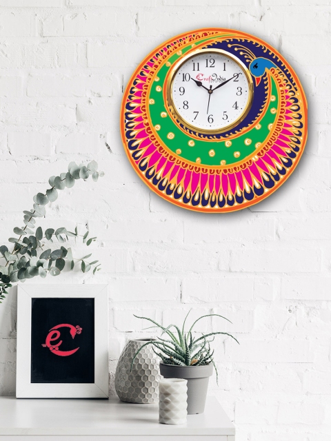 

eCraftIndia Multicoloured Handcrafted Round Printed Analogue Wall Clock, Multi