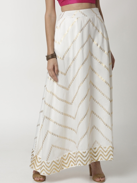 

De Moza Women Off-White & Gold-Toned Printed Flared Jacquard Maxi Skirt