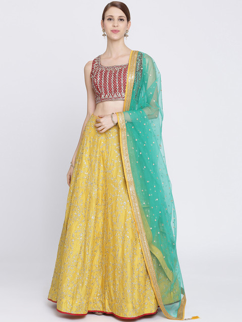 

Koskii Red & Yellow Embellished Ready to Wear Lehenga & Blouse with Dupatta