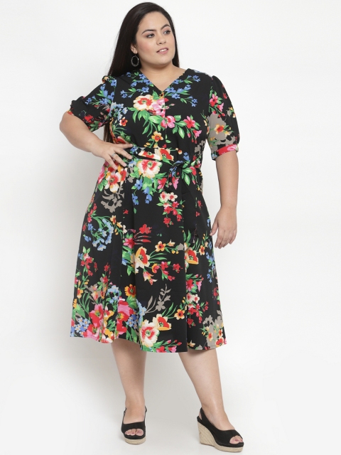 

plusS Women Black Printed Fit and Flare Dress