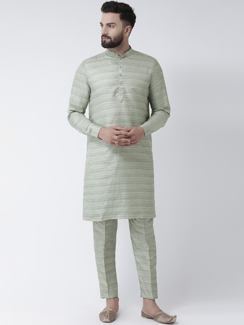 

I Know Men Green Striped Straight Silk Kurta